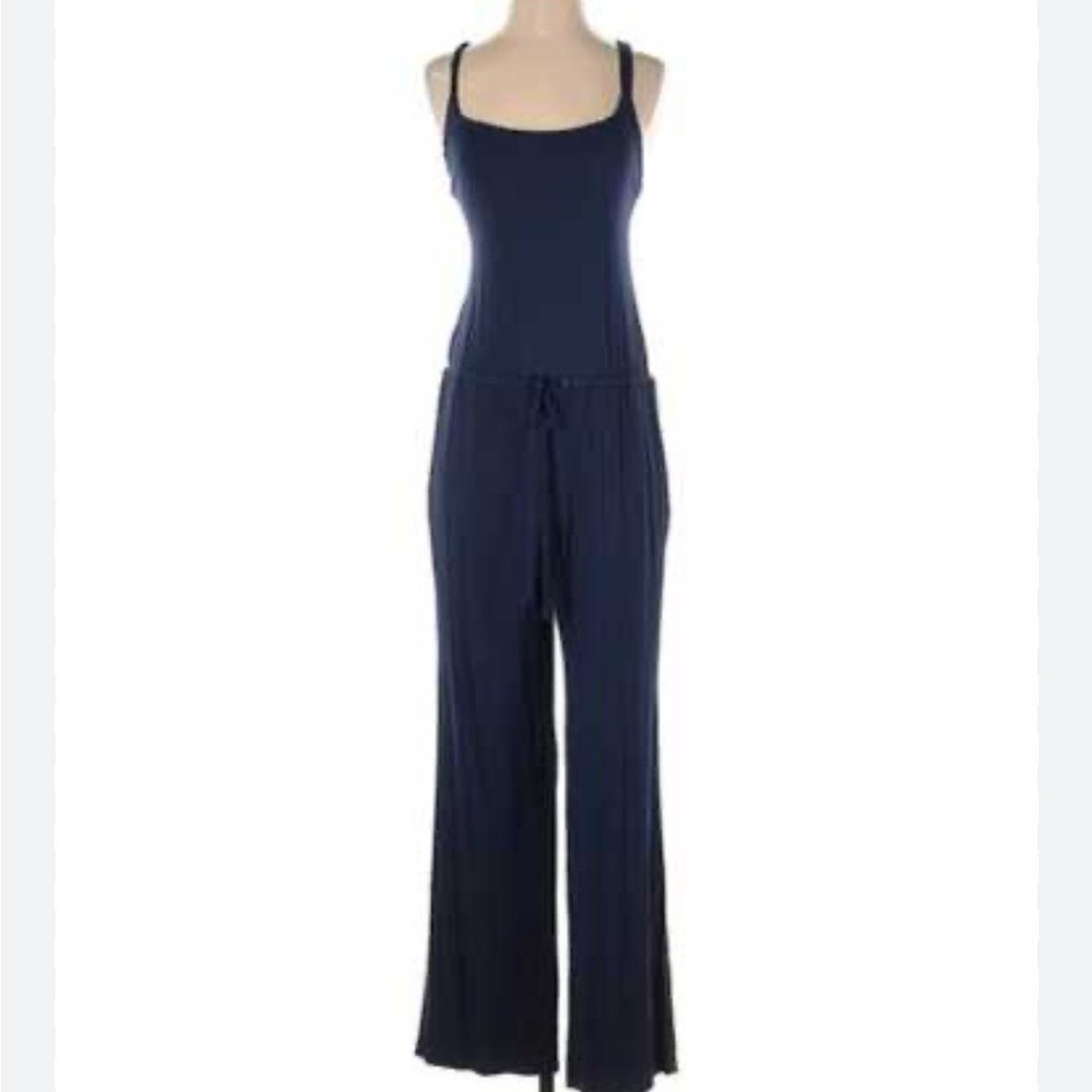Amour Vert Navy Blue Wide Leg Jumpsuit Spaghetti Straps Adjustable Tie Back Sz L
